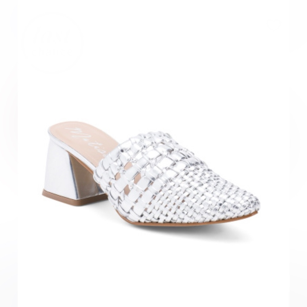 Matisse Lexie Heeled Mules Silver Metallic Leather Women’s Size 6 Woven Style - Picture 2 of 10